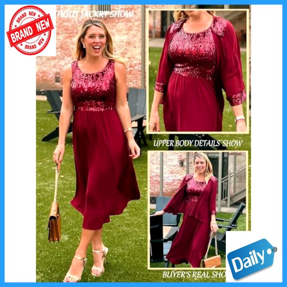 Two Piece Sequin Formal Dress with Jacket Tea Length Elegant Wedding Guest - Picture 4 of 7